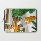 Tigers in Greece | Santorini Travel Architecture, Wildlife Animal Painting | Watercolor Illustration Laptop Sleeve Gallery Image 1