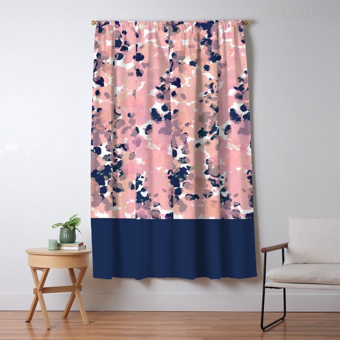 Smudgy Painted Abstract Pattern in Navy Blue, Pink, and Blush on White Window Curtain Gallery Image 1