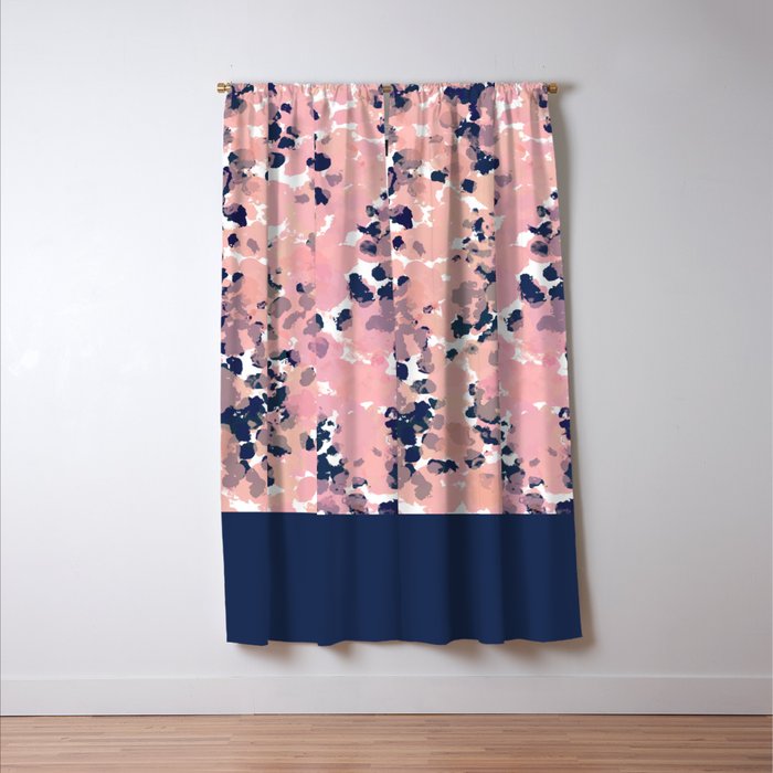 Smudgy Painted Abstract Pattern in Navy Blue, Pink, and Blush on White Window Curtain Gallery Image 3