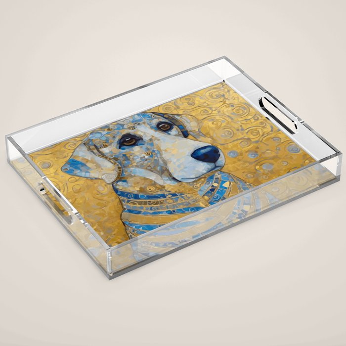 Blue and Gold Klimt Dog with Brown Eyes Acrylic Tray Gallery Image 1