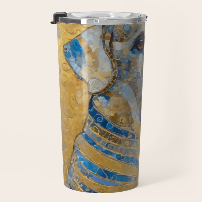 Blue and Gold Klimt Dog with Brown Eyes Travel Mug Gallery Image 3