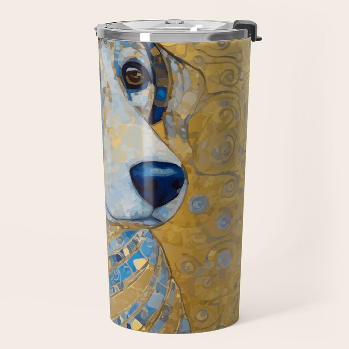 Blue and Gold Klimt Dog with Brown Eyes Travel Mug Gallery Image 2