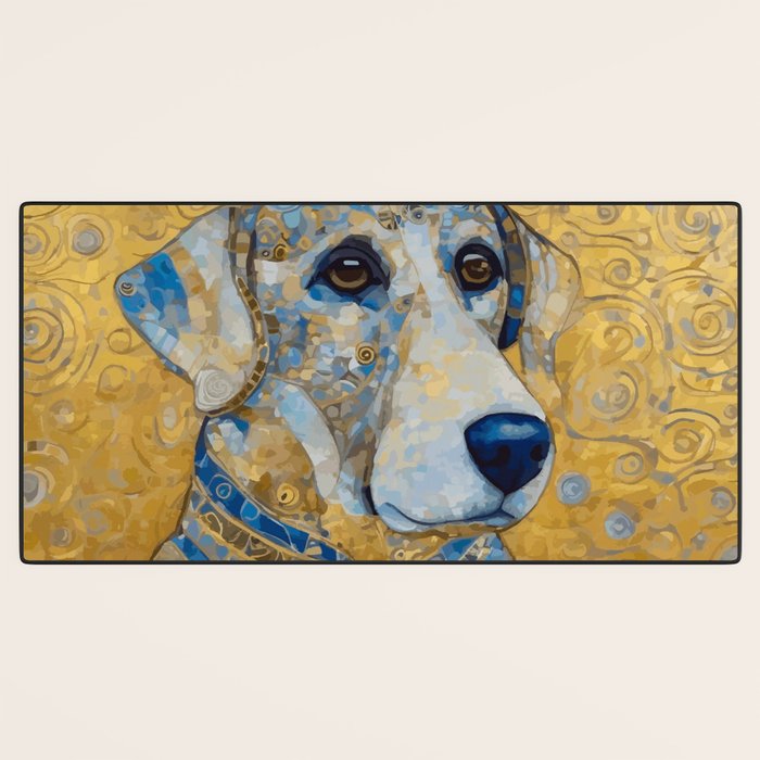 Blue and Gold Klimt Dog with Brown Eyes Desk Mat Gallery Image 3