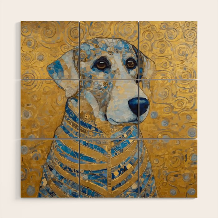 Blue and Gold Klimt Dog with Brown Eyes Wood Wall Art Gallery Image 1