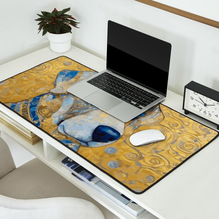 Blue and Gold Klimt Dog with Brown Eyes Desk Mat Gallery Image 2