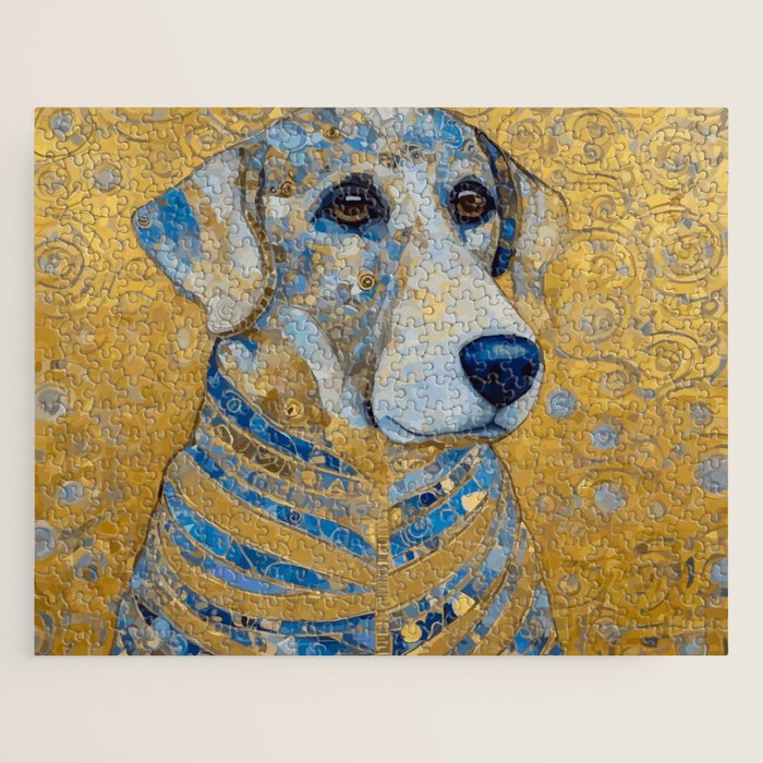 Blue and Gold Klimt Dog with Brown Eyes Jigsaw Puzzle Gallery Image 1