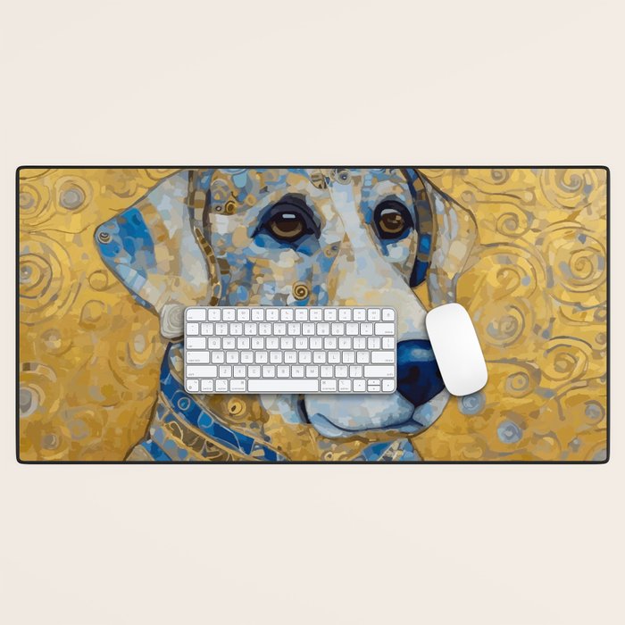 Blue and Gold Klimt Dog with Brown Eyes Desk Mat Gallery Image 1