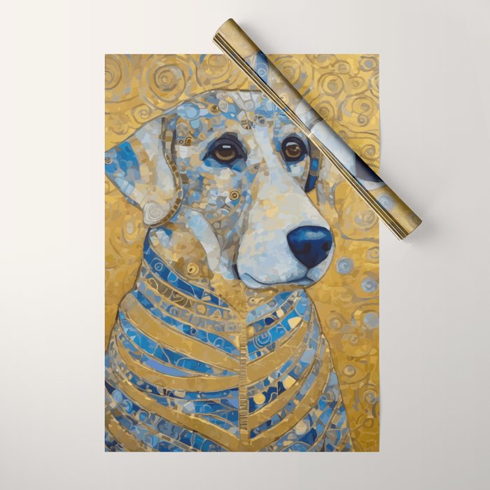 Blue and Gold Klimt Dog with Brown Eyes Wrapping Paper Gallery Image 1