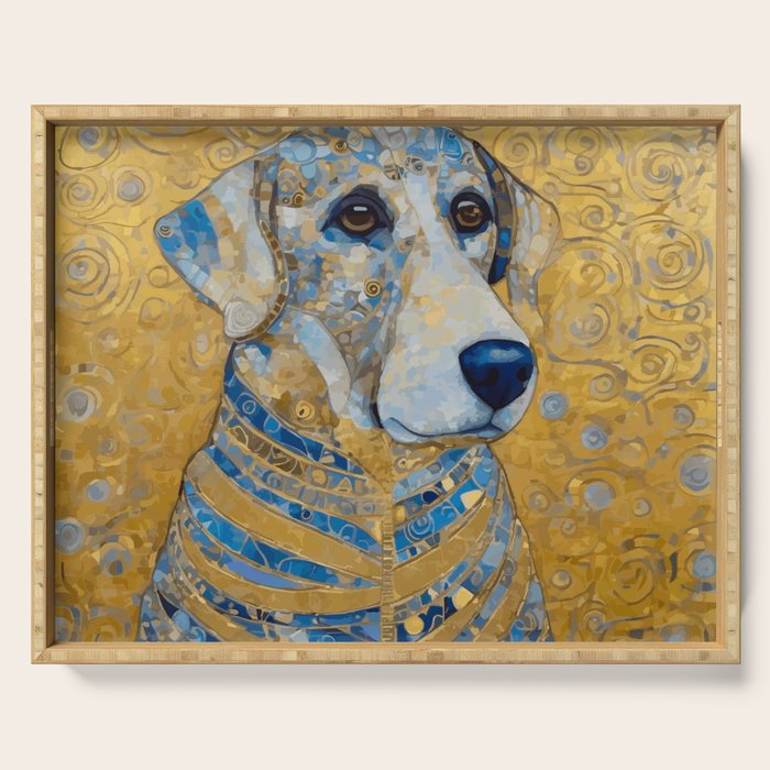 Blue and Gold Klimt Dog with Brown Eyes Serving Tray Gallery Image 1