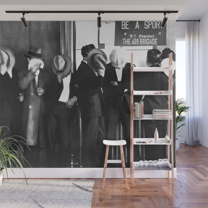 La cosa nostra arrest mug shot Sugar House Gang criminal mob bootleggers hiding faces behind hats black and white photgraph - photgraphy - photographs Wall Mural Gallery Image 1