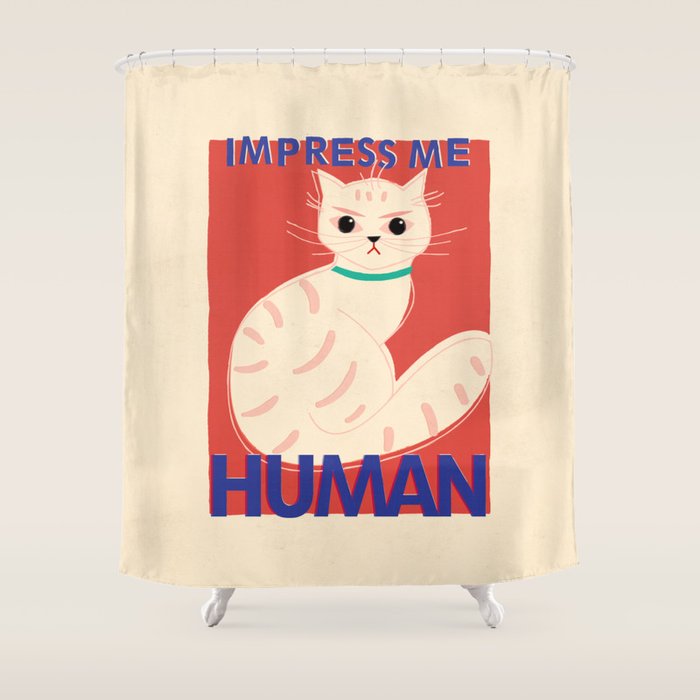 Impress Me Human Vintage Cat, Retro Illustration Shower Curtain Gallery Image 1