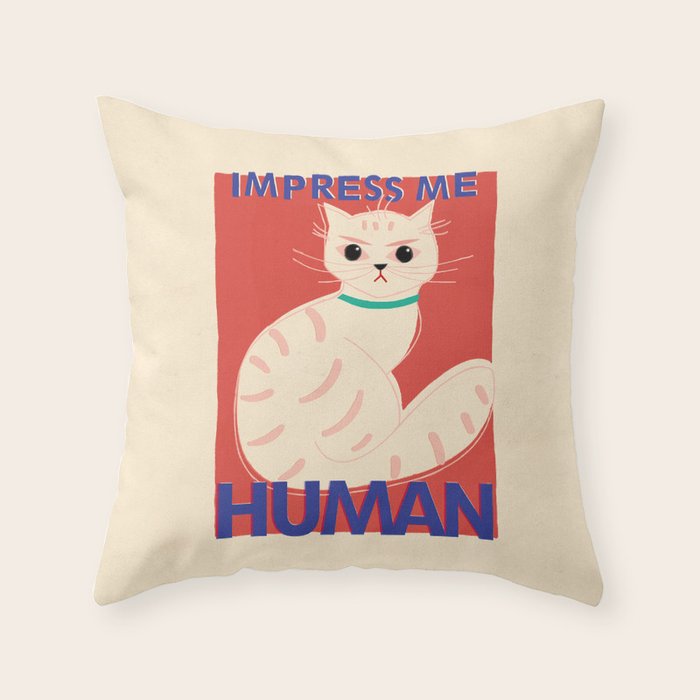 Impress Me Human Vintage Cat, Retro Illustration Throw Pillow Gallery Image 6