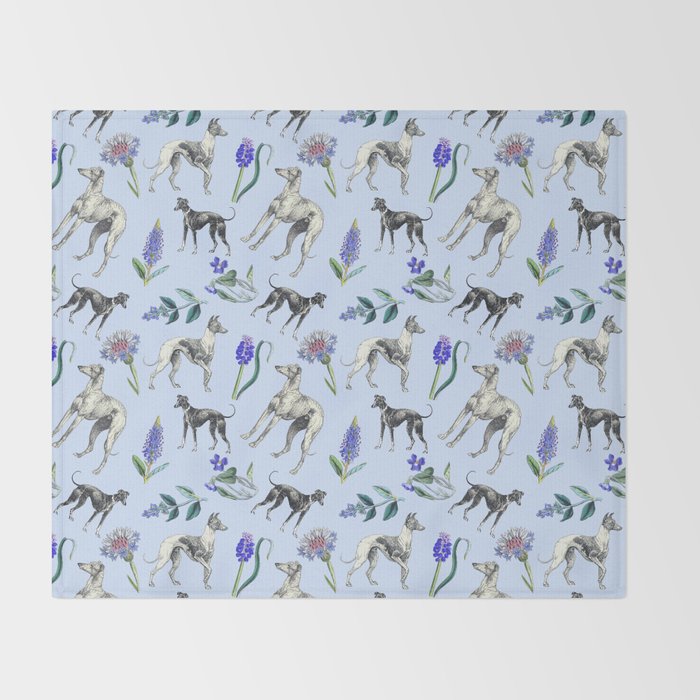 GREYHOUND DOGS and Blue Meadow Botanical Pattern  Throw Blanket Gallery Image 2