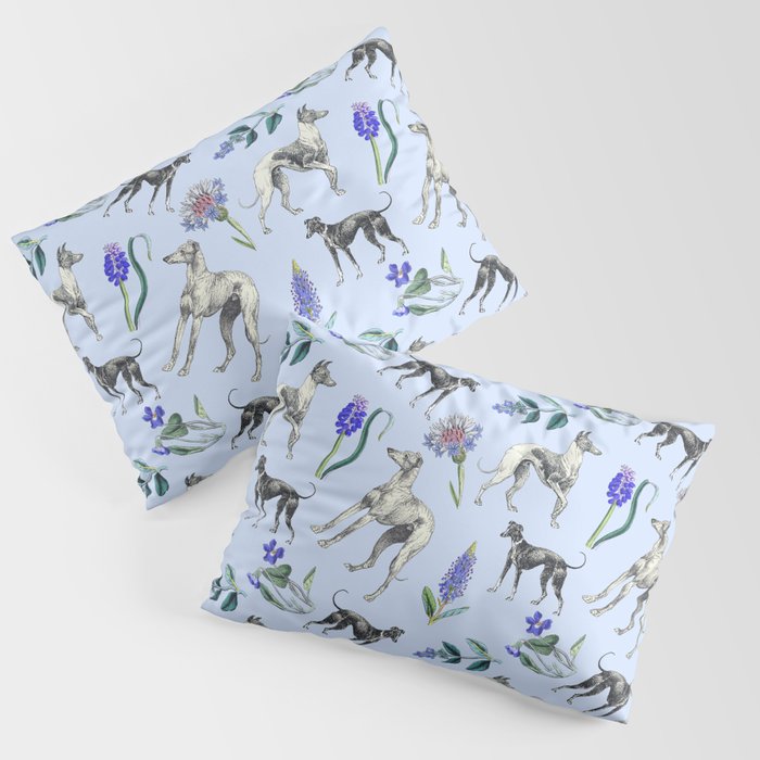 GREYHOUND DOGS and Blue Meadow Botanical Pattern  Pillow Sham Gallery Image 1
