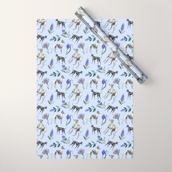GREYHOUND DOGS and Blue Meadow Botanical Pattern  Wrapping Paper Gallery Image 1
