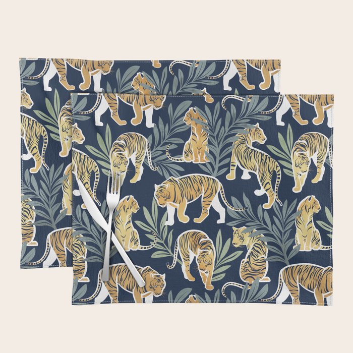 Nouveau white tigers // navy blue background green leaves white lines yellow animals Placemat Gallery Image 1
