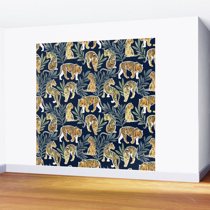 Nouveau white tigers // navy blue background green leaves white lines yellow animals Wall Mural Gallery Image 2