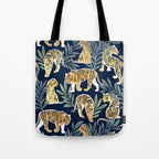 Nouveau white tigers // navy blue background green leaves white lines yellow animals Tote Bag Gallery Image 1