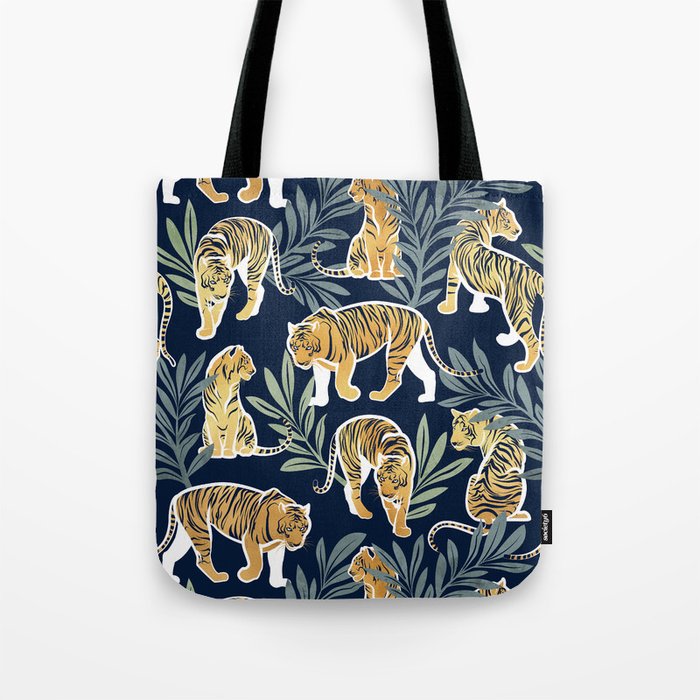 Nouveau white tigers // navy blue background green leaves white lines yellow animals Tote Bag Gallery Image 1