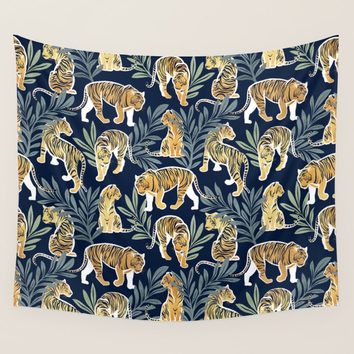 Nouveau white tigers // navy blue background green leaves white lines yellow animals Wall Tapestry Gallery Image 1