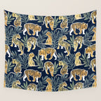 Nouveau white tigers // navy blue background green leaves white lines yellow animals Wall Tapestry Gallery Image 4