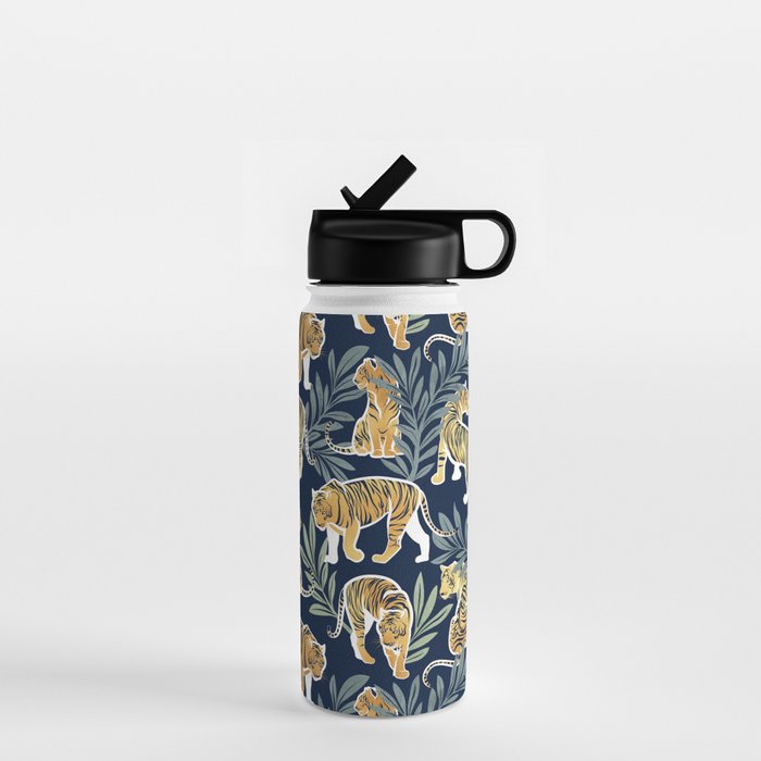 Nouveau white tigers // navy blue background green leaves white lines yellow animals Water Bottle Gallery Image 1