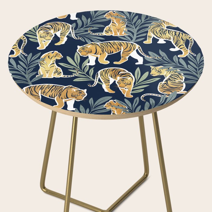 Nouveau white tigers // navy blue background green leaves white lines yellow animals Side Table Gallery Image 2