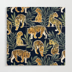 Nouveau white tigers // navy blue background green leaves white lines yellow animals Wood Wall Art Gallery Image 1