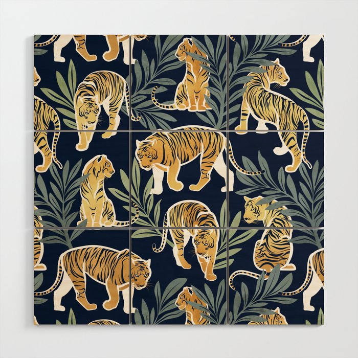 Nouveau white tigers // navy blue background green leaves white lines yellow animals Wood Wall Art Gallery Image 1