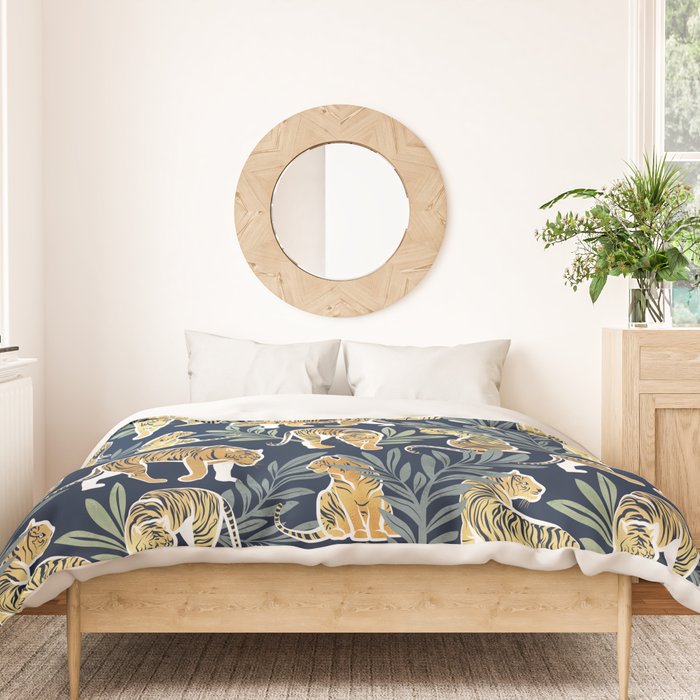 Nouveau white tigers // navy blue background green leaves white lines yellow animals Duvet Cover Gallery Image 3