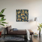 Nouveau white tigers // navy blue background green leaves white lines yellow animals Wood Wall Art Gallery Image 2