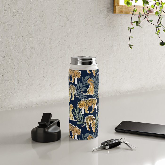 Nouveau white tigers // navy blue background green leaves white lines yellow animals Water Bottle Gallery Image 4