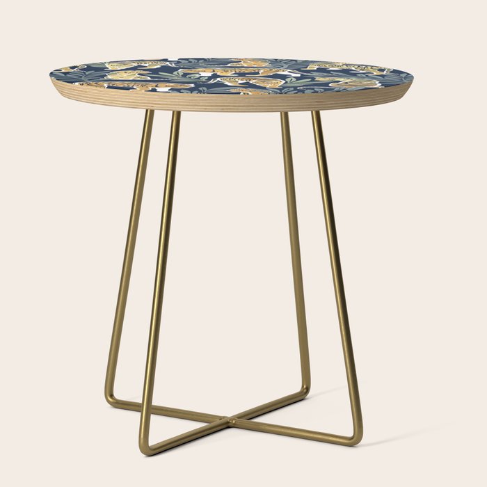 Nouveau white tigers // navy blue background green leaves white lines yellow animals Side Table Gallery Image 1
