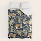 Nouveau white tigers // navy blue background green leaves white lines yellow animals Comforter Gallery Image 6