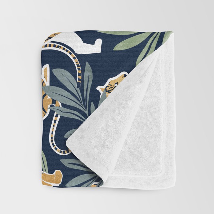 Nouveau white tigers // navy blue background green leaves white lines yellow animals Throw Blanket Gallery Image 3