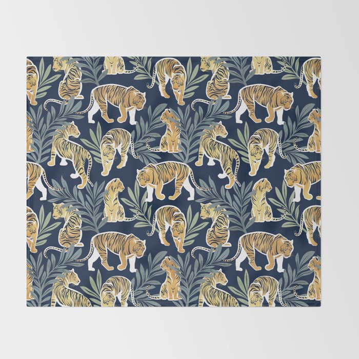 Nouveau white tigers // navy blue background green leaves white lines yellow animals Throw Blanket Gallery Image 2