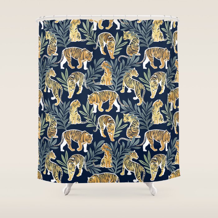 Nouveau white tigers // navy blue background green leaves white lines yellow animals Shower Curtain Gallery Image 1
