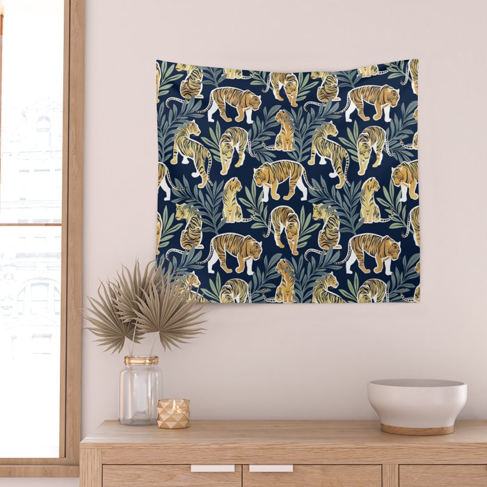 Nouveau white tigers // navy blue background green leaves white lines yellow animals Wall Tapestry Gallery Image 2
