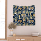 Nouveau white tigers // navy blue background green leaves white lines yellow animals Wall Tapestry Gallery Image 2