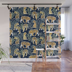 Nouveau white tigers // navy blue background green leaves white lines yellow animals Wall Mural Gallery Image 1