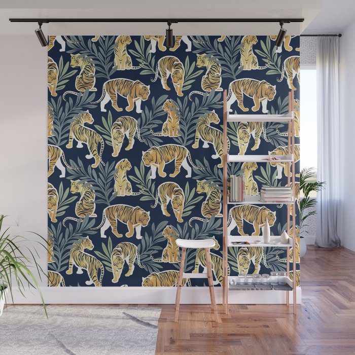 Nouveau white tigers // navy blue background green leaves white lines yellow animals Wall Mural Gallery Image 1