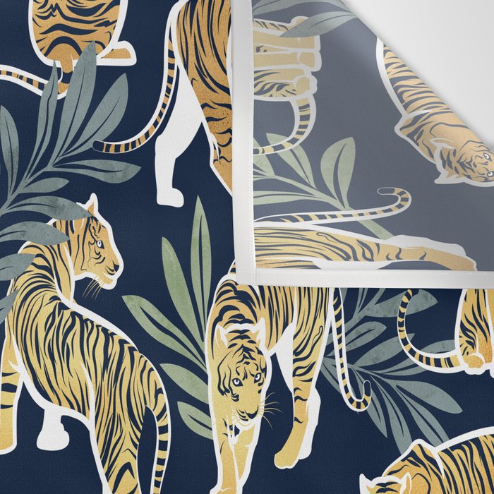 Nouveau white tigers // navy blue background green leaves white lines yellow animals Wall Tapestry Gallery Image 3