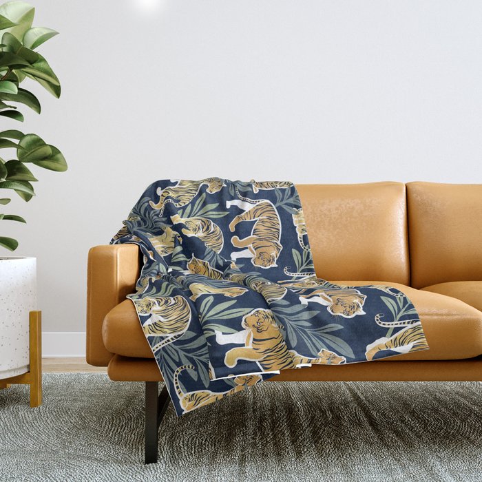 Nouveau white tigers // navy blue background green leaves white lines yellow animals Throw Blanket Gallery Image 1