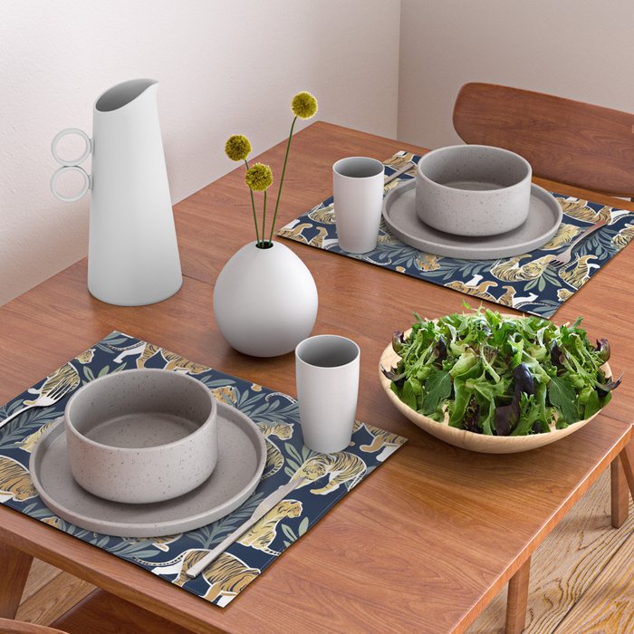 Nouveau white tigers // navy blue background green leaves white lines yellow animals Placemat Gallery Image 2