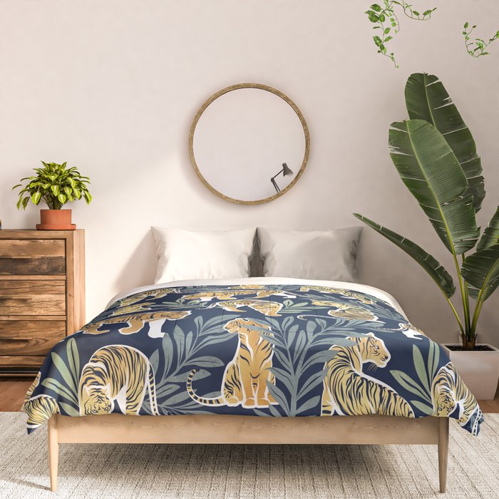 Nouveau white tigers // navy blue background green leaves white lines yellow animals Comforter Gallery Image 3