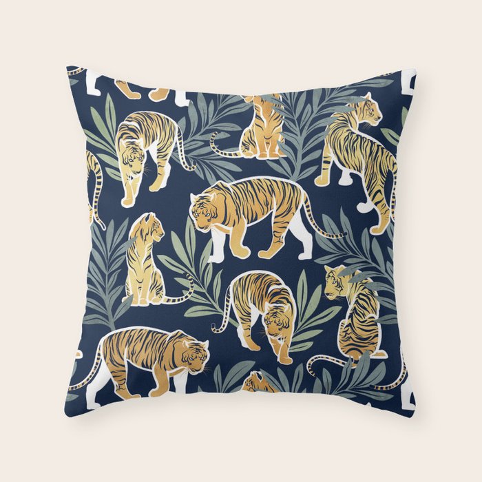 Nouveau white tigers // navy blue background green leaves white lines yellow animals Throw Pillow Gallery Image 6