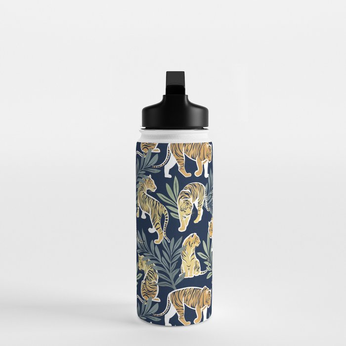 Nouveau white tigers // navy blue background green leaves white lines yellow animals Water Bottle Gallery Image 3