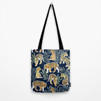 Nouveau white tigers // navy blue background green leaves white lines yellow animals Tote Bag Gallery Image 2