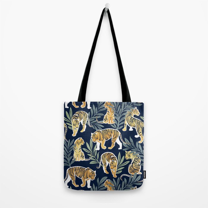 Nouveau white tigers // navy blue background green leaves white lines yellow animals Tote Bag Gallery Image 2