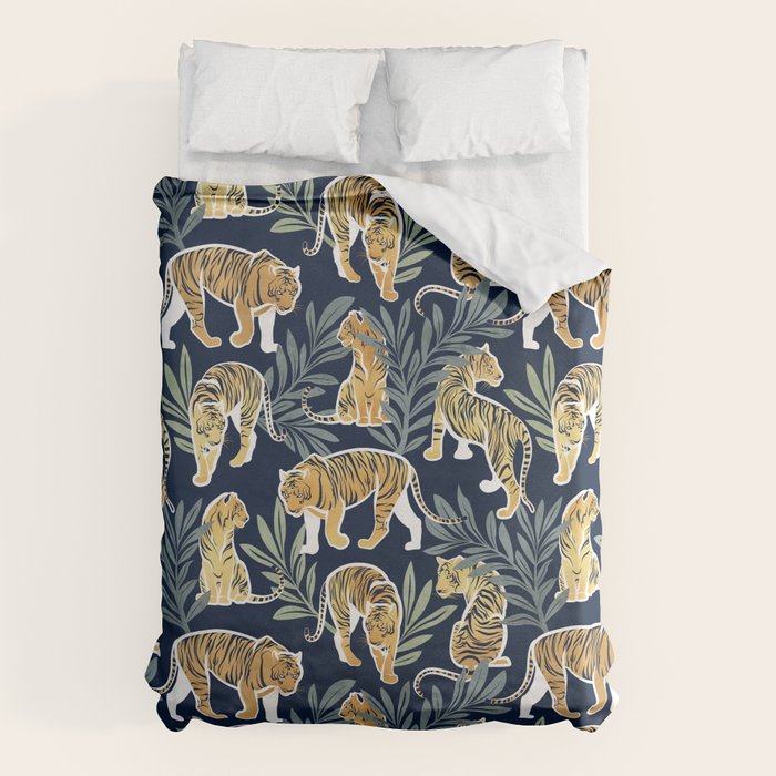 Nouveau white tigers // navy blue background green leaves white lines yellow animals Duvet Cover Gallery Image 1